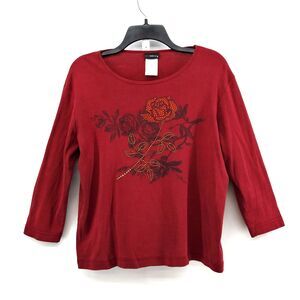 Trilllogy Shirt Womens Size L Red Floral Beaded Pullover Knit Blouse Top